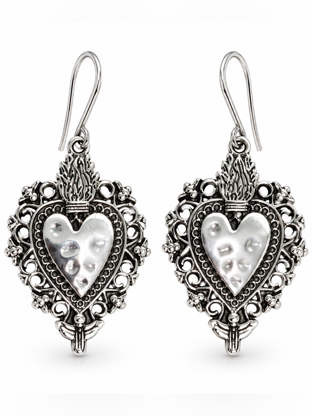 Sterling-Style Heart Filigree Drop Earrings in Silver
